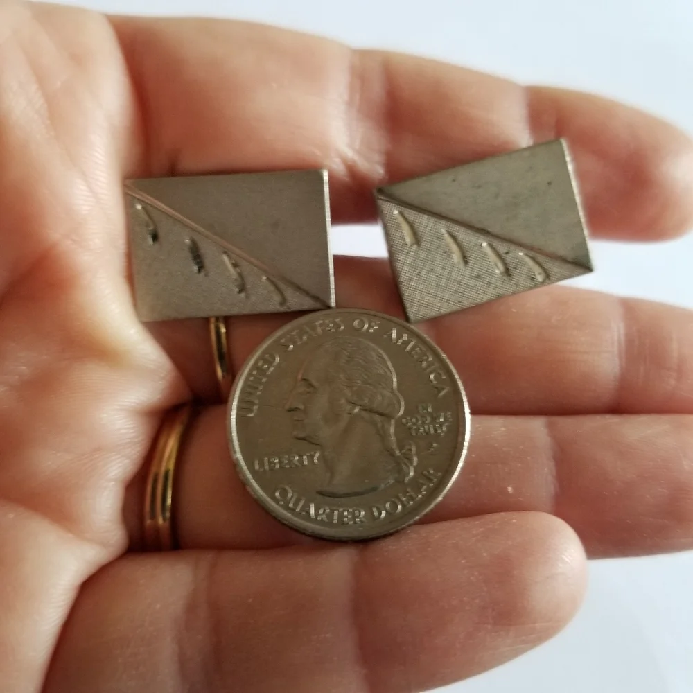 Vintage cuff links silver tone rectangular diagonal lines cufflinks mens jewelry